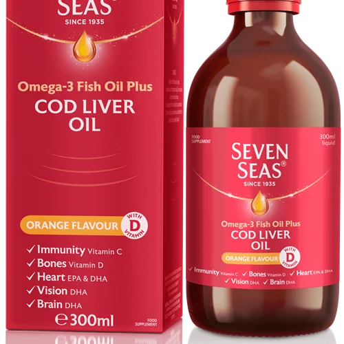 روغن كبد ماهي با طعم پرتقال اصل انگلستان سه سال به بالاseven seas cod liver oil
